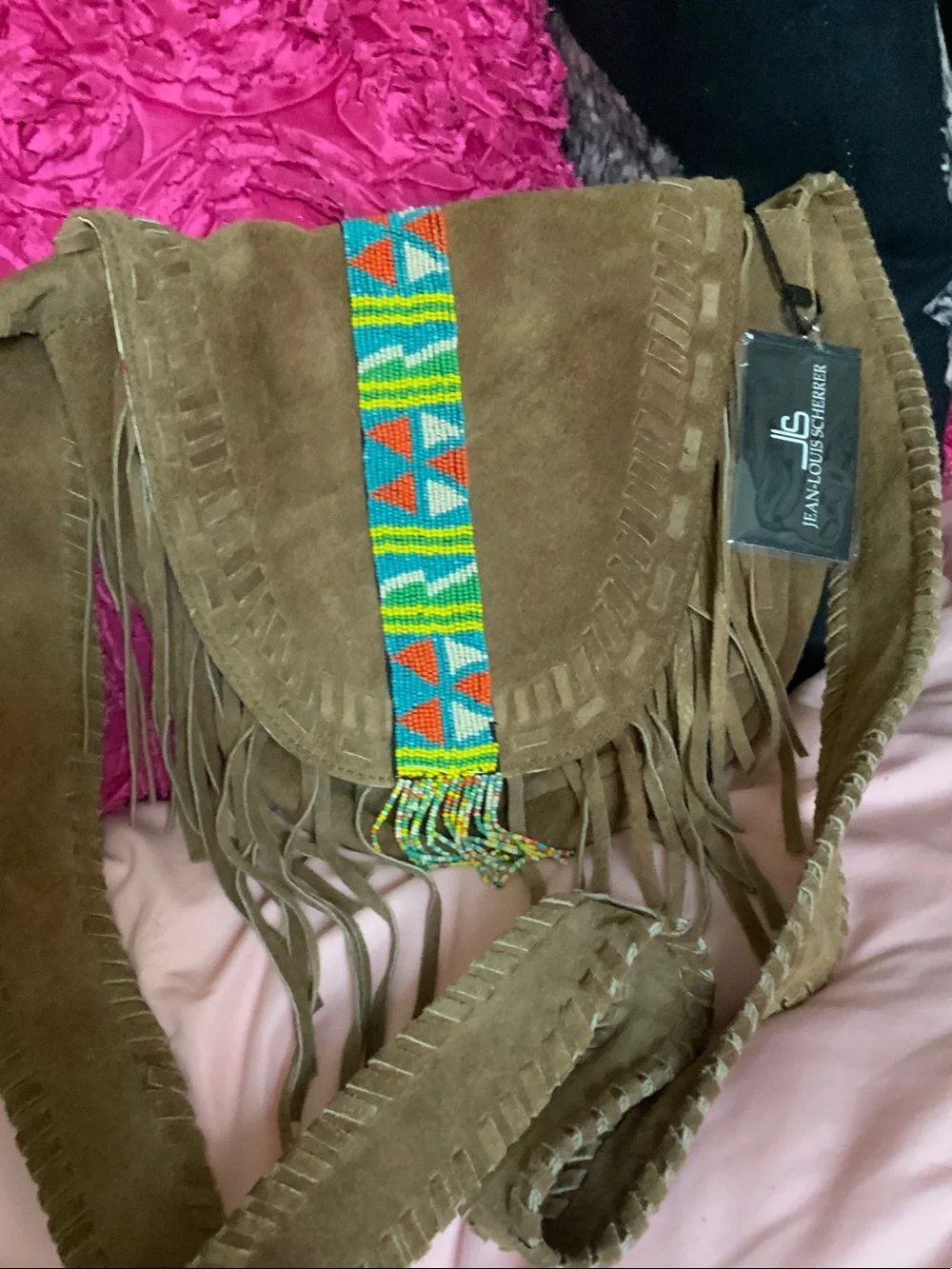 Brown Suede Fringe Crossbody Bag with Colorful Beaded Accent